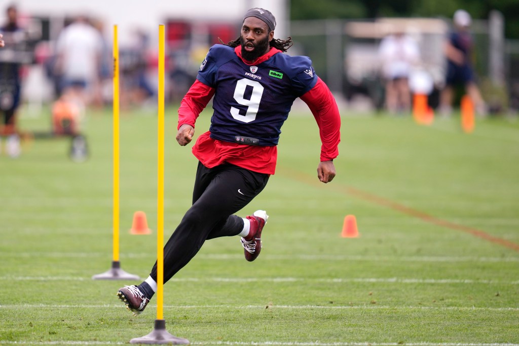 New England Patriots linebacker Matthew Judon runs a drill during an NFL football training camp, Thursday, July 25, 2024, in Foxborough, Mass. 