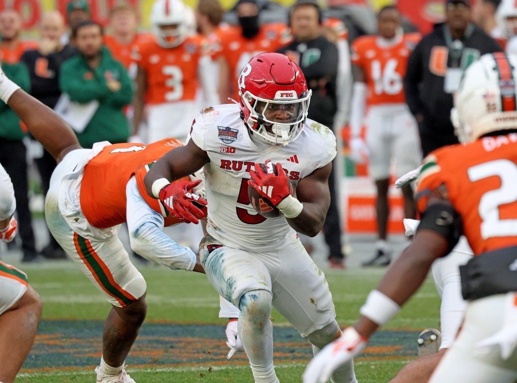 Rutgers running back Kyle Monangai makes a move against Miami in the Pinstripe Bowl on Dec. 28, 2023 in The Bronx.