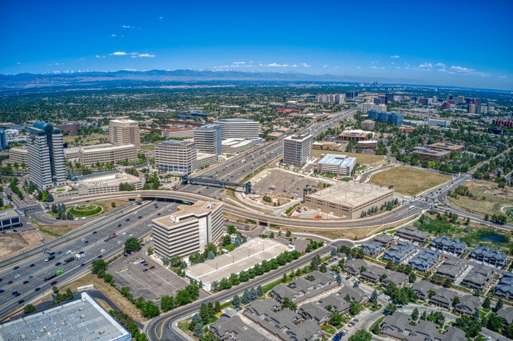 Aerial view of Denver suburb Aurora, Colorado.