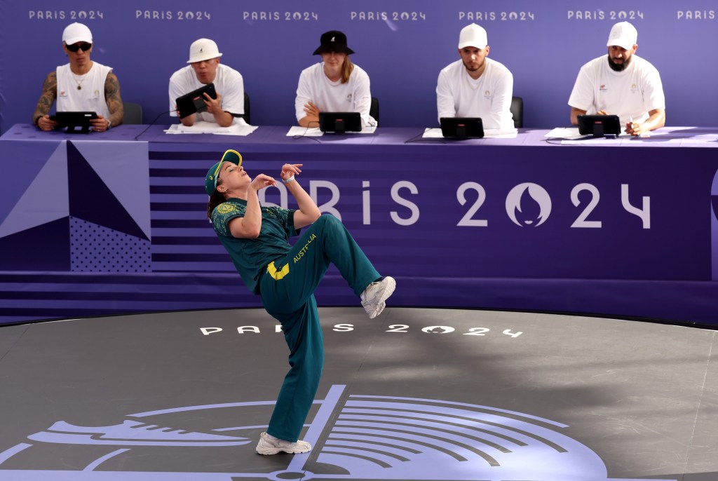 competes during the B-Girls Round Robin - Group B at the Olympic Games Paris 2024 at Place de la Concorde on August 9, 2024 in Paris, France. 