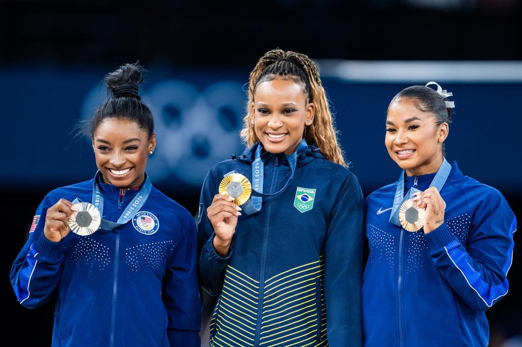 Jordan Chiles (r.), pictured on Aug. 5, shared the podium with Simone Biles (l.) and Brazil's Rebeca Andrade.