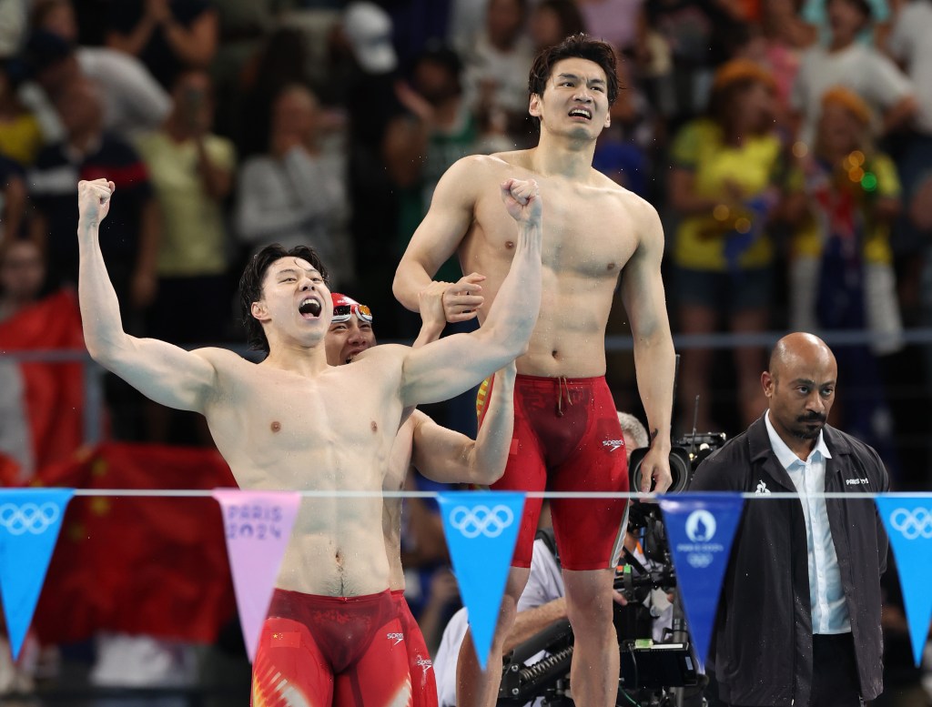 Gold Medalists Xu Jiayu, Qin Haiyang, Sun Jiajun and Pan Zhanle of Team People's Republic of China celebrate victory in the Men's 4x100m Medley Relay Final on Aug. 4, 2024.