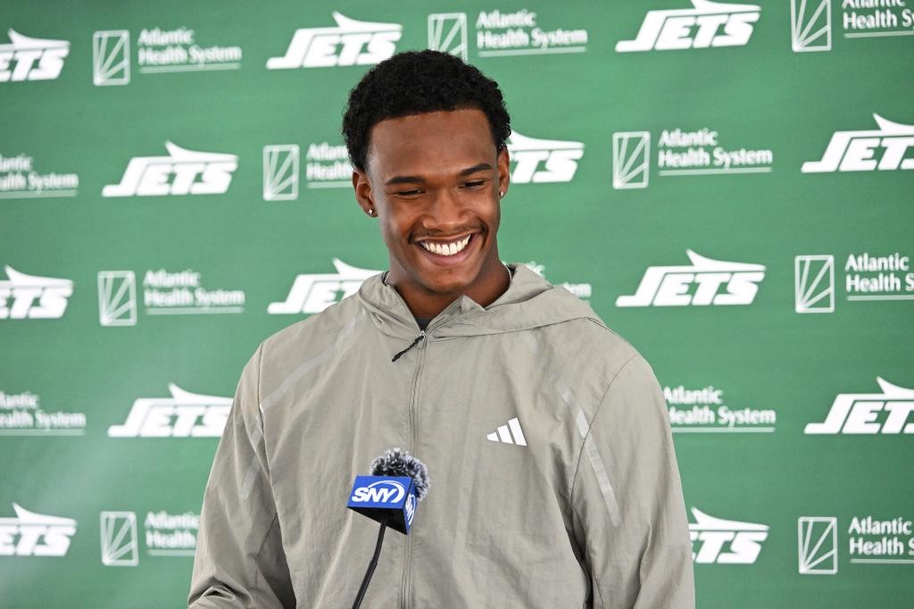 Garrett Wilson speaks to the media after Jets practice on July 23, 2024. 