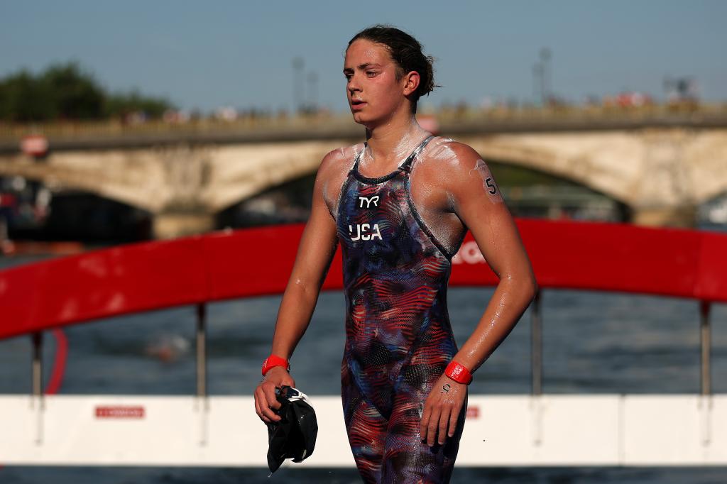  Katie Grimes of Team United States reacts after competing in the 10km swimming event at the Paris Games.