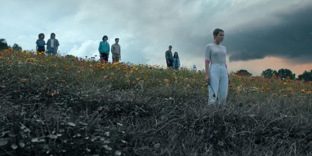 Natalia Dyer, Charlie Heaton, Finn Wolfhard, Noah Schnapp, David Harbour, Winona Ryder, Millie Bobby Brown standing on a hill. 