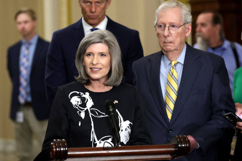 Sen. Joni Ernst (R-IA) speaks to members of the press as Senate Minority Leader Sen. Mitch McConnell (R-KY) listens during a news briefing after a weekly Senate Republican policy luncheon at the U.S. Capitol on May 21, 2024 in Washington, DC. 