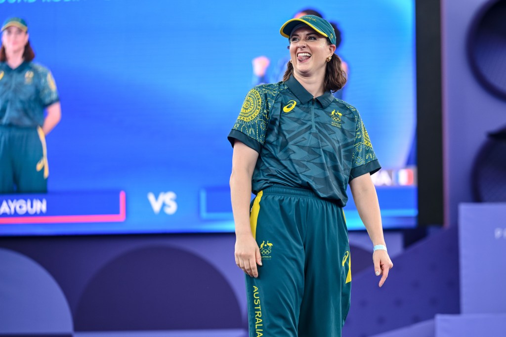 Raygun competes during the Breaking B-Girls Round Robin Group B battle between Raygun and Syssy on Day 14 of the Olympic Games Paris 2024 at La Concorde on August 9, 2024 in Paris, France. 