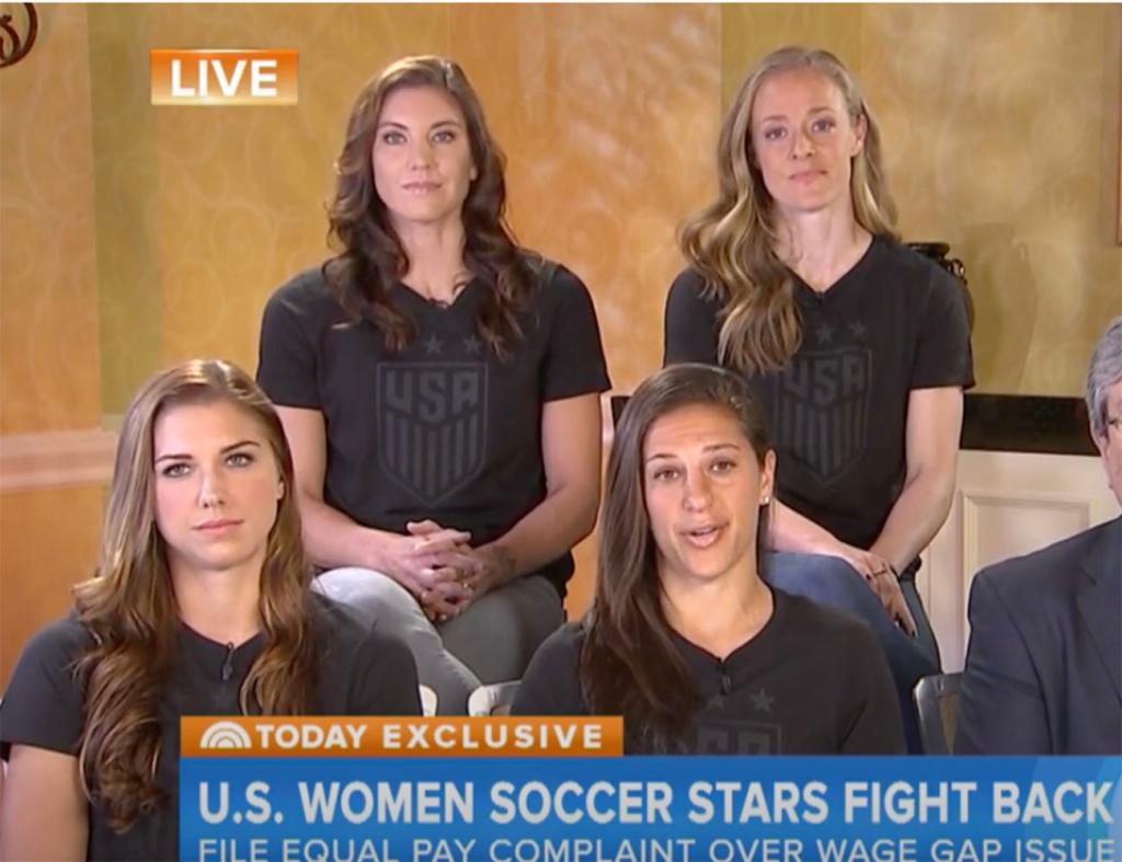 In March 2016, Solo and four players including Megan Rapinoe, Alex Morgan, Carli Lloyd, and Rebecca Sauerbrunn filed an equal employment opportunity complaint for workplace discrimination  — citing sex-based wage discrimination  — against the US Soccer Federation. This is from their appearance on the "Today Show" at the time. 