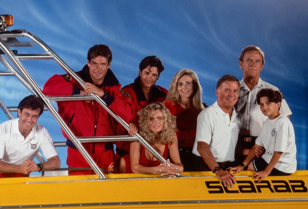 Tom McTigue, David Hasselhoff, Billy Warlock, Erika Eleniak, Pamela Bach, Richard Jaeckel, Monte Markham, Jeremy Jackson in 1991.