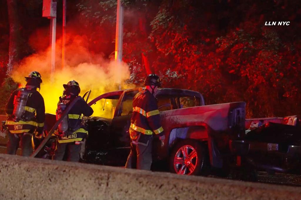 A fiery three-car collision injured multiple occupants, one possibly dead.