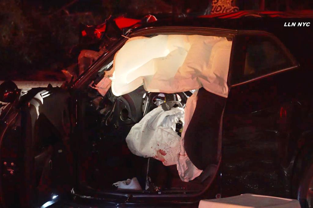 A fiery three-car collision injured multiple occupants, one possibly dead.