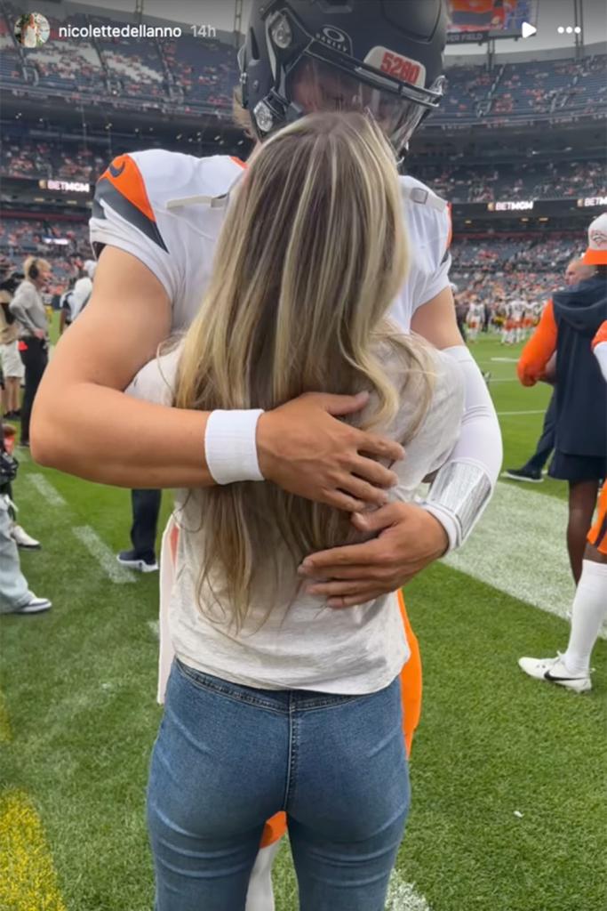 Zach Wilson and Nicolette Dellanno after the Broncos beat the Cardinals in their preseason finale in Denver on August 25, 2024. 