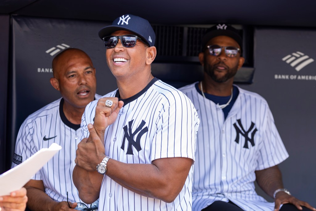 Yankees Alex Rodriguez is all smiles in the dugout during Old Timerâs Day before a game against the Colorado Rockies, Saturday, Aug. 24, 2024, in Bronx, NY.