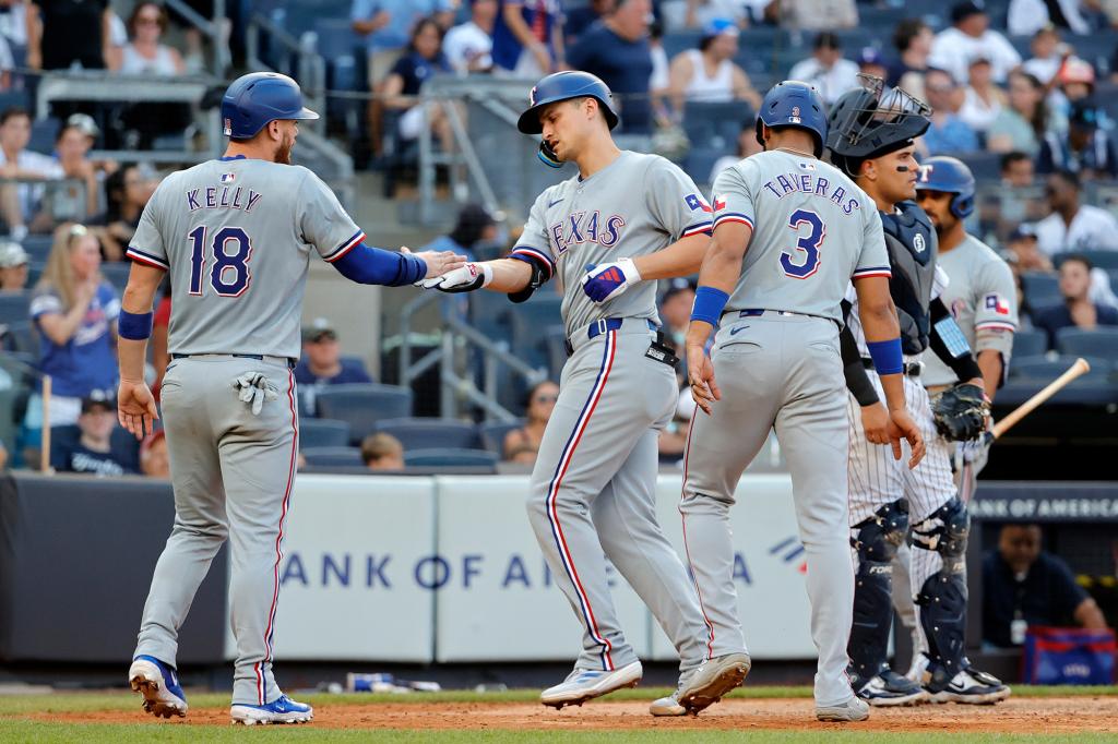 Corey Seager celebrates hitting a home run during Game 2 of the Yankees-Rangers doubleheader on Aug. 10.