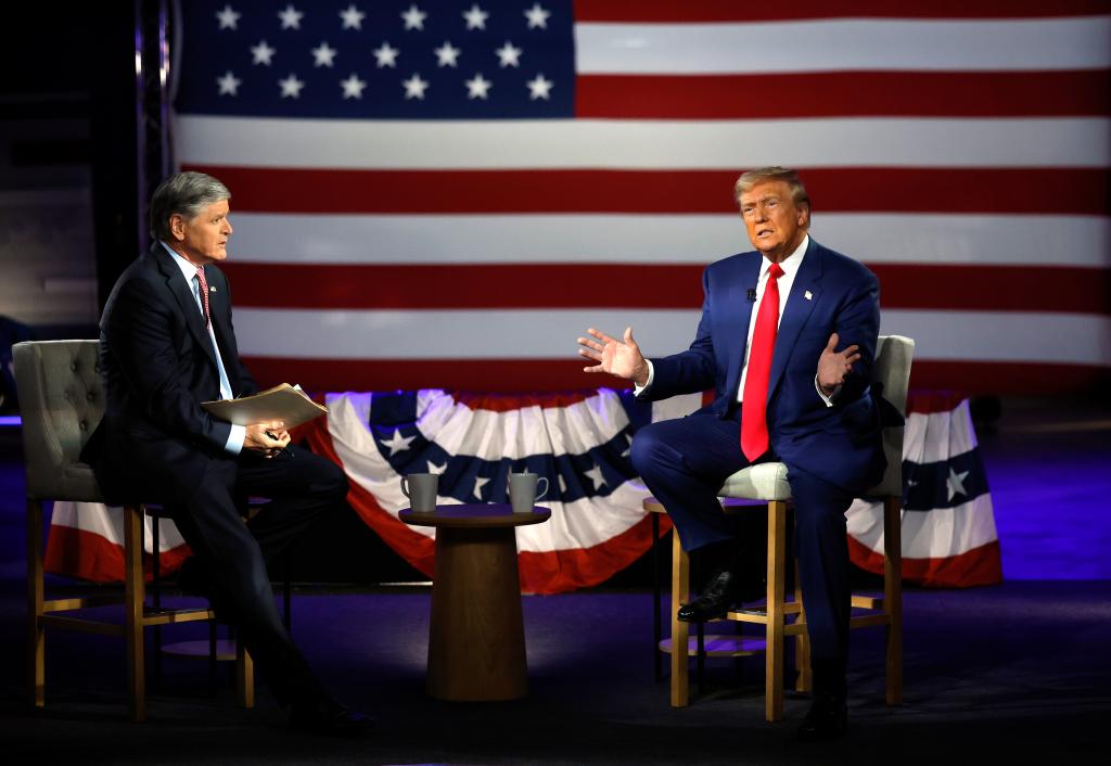 Trump speaking at a Fox News Town Hall with host Sean Hannity in Harrisburg on Sept. 4, 2024.