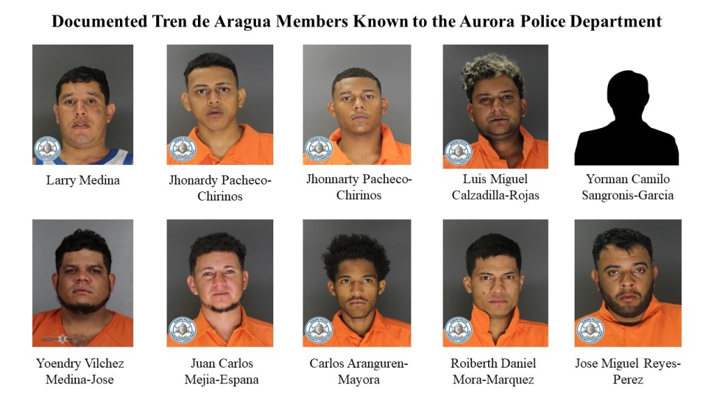 Mugshots of ten Tren de Aragua members arrested by the Aurora Police Department.