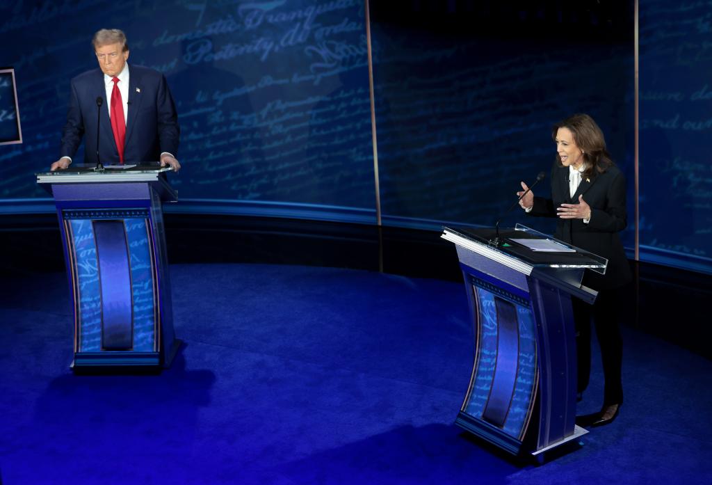 Former U.S. President Donald Trump and U.S. Vice President Kamala Harris during their debate at The National Constitution Center in Philadelphia, Pennsylvania in 2024.