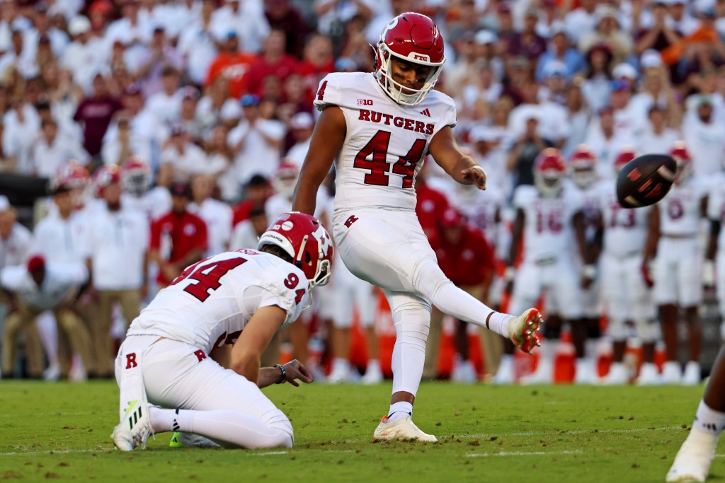 Jai Patel kicks the game-winning field goal in the closing minutes of Rutgers' win.