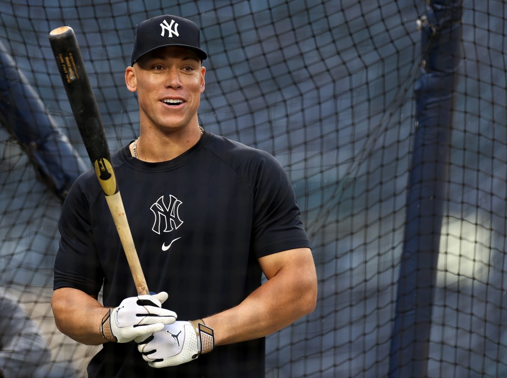 Aaron Judge #99 of the New York Yankees looks on during batting practice