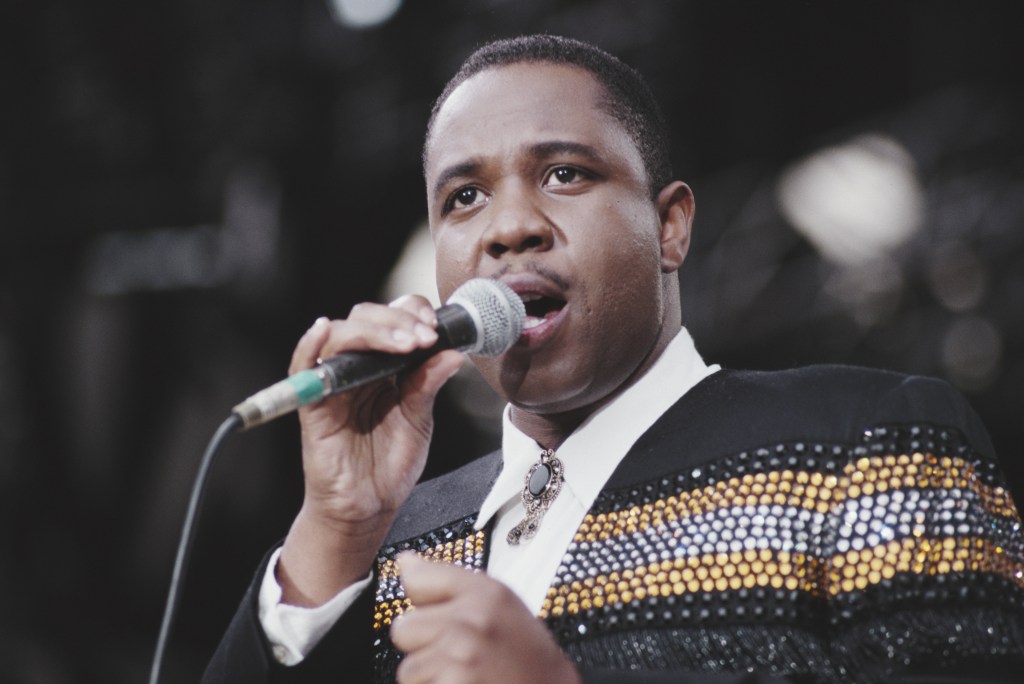 Freddie Jackson performs live on stage at the Nelson Mandela 70th Birthday Tribute concert, Wembley Stadium, London on 11th June 1988.