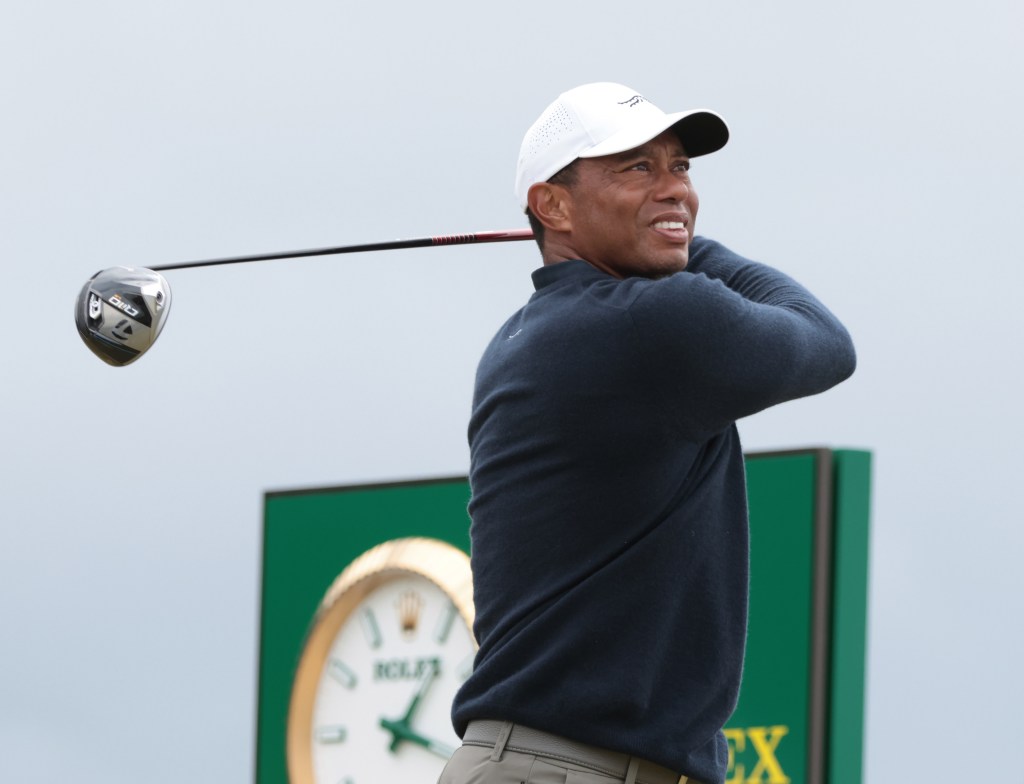 Tiger Woods swinging a golf club during the second round at the 152nd Open Championship at Royal Troon Golf Club in Troon, Scotland