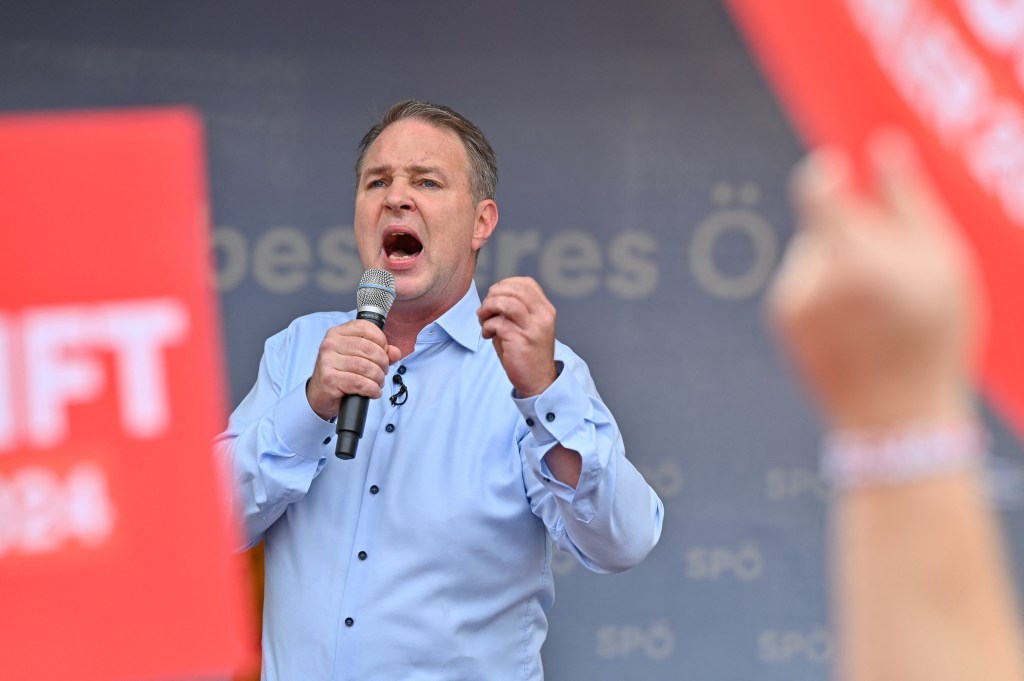 Head of Social Democrats Andreas Babler speaking at a rally in Vienna on Sept. 28, 2024.