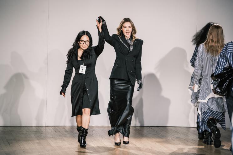 Anna Delvey and designer Shao Yang at the SHAO fashion show in the Altman Building in Manhattan on September 11, 2024