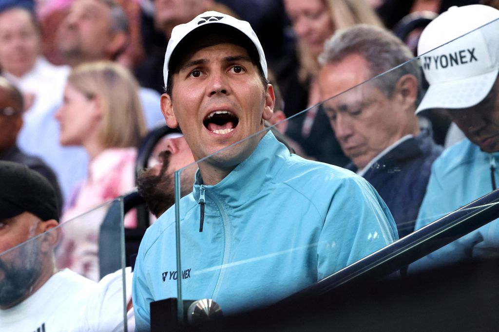 Stefano Vukov, supports Elena Rybakina from the players box at the Australian Open in January 2023.