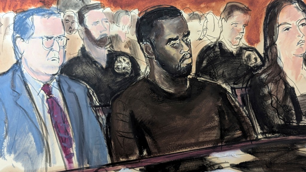 Court Artist's sketch of Sean Combs in court.