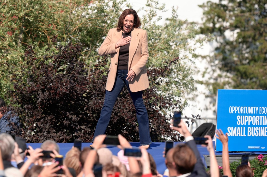 Vice President Kamala Harris speaking at a rally in New Hampshire on Sept. 4, 2024.