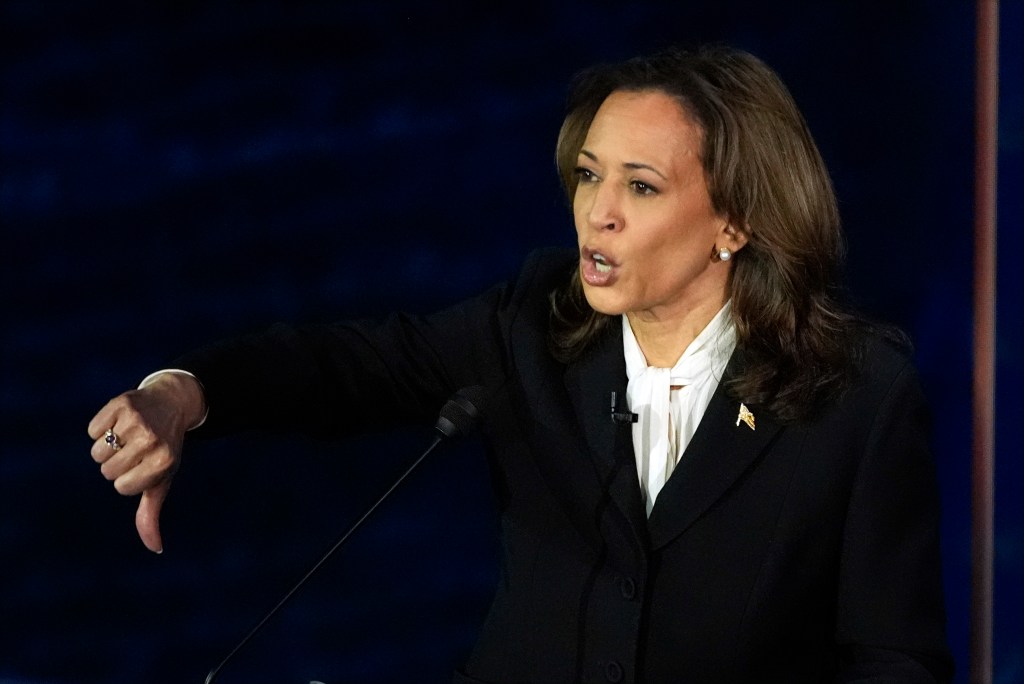 Harris gestures as she speaks during a presidential debate with Republican presidential nominee former President Donald Trump.