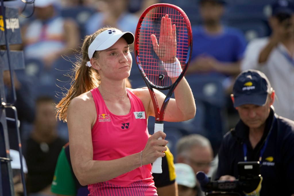 Elena Rybakina, of Kazakhstan, reacts after defeating Destanee Aiava, of Australia, during the first round of the U.S. Open tennis championships, Tuesday, Aug. 27, 2024, in New York. 