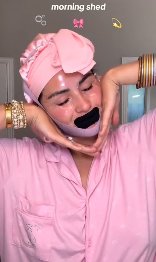 A woman with a mask on her face warning against Gen Z's dangerous obsession with 'sleep maxxing'