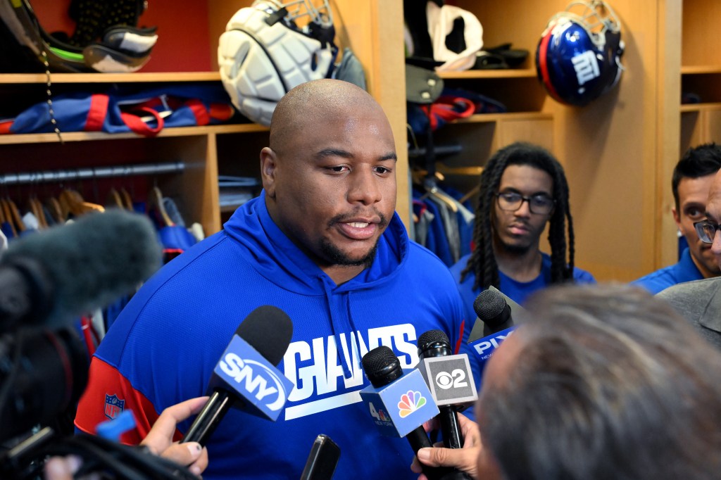 Giants defensive tackle Dexter Lawrence II speaks to the media after practice