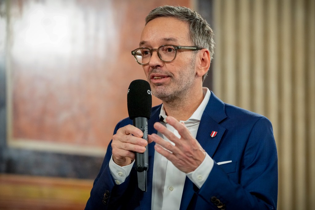 Herbert Kickl, leader of the Freedom Party of Austria, speaking in Vienna after the country's election on Sept. 29, 2024.