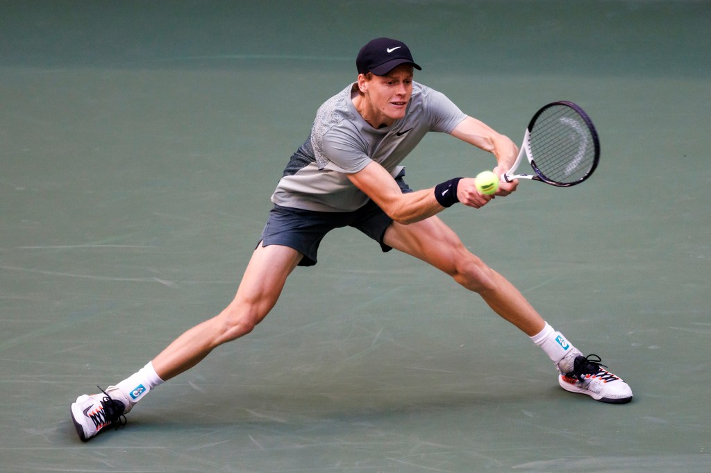 Jannik Sinner hits against Taylor Fritz during their Menâs Championship match at the 2024 US Open Championships played in the USTA Billie Jean King Tennis Center on September 8, 2024 in Flushing, New York. 