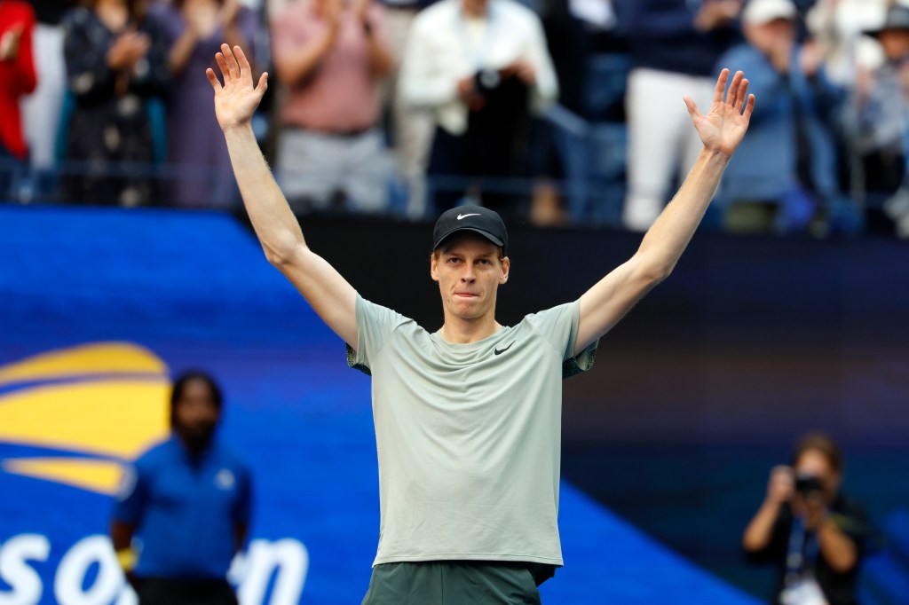 Jannik Sinner of Italy celebrates winning watchpoint against Taylor Fritz of the US during their match on Arthur Ashe Stadium on Sept. 8, 2024.