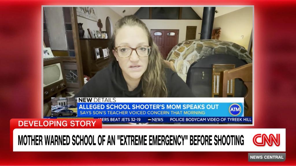 Marcee Gray, mother of alleged school shooter, sitting in a room during emotional CNN interview