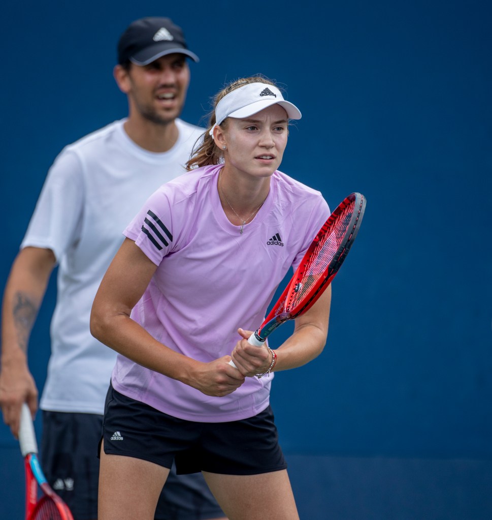 Elena Rybakina of Kazakhstan with coach Stefano Vukov during a practice session in preparation for the U.S. Open in 2022.