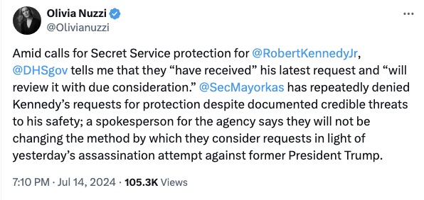 Nuzzi shared this tweet regarding RFK Jr.'s secret service request. 