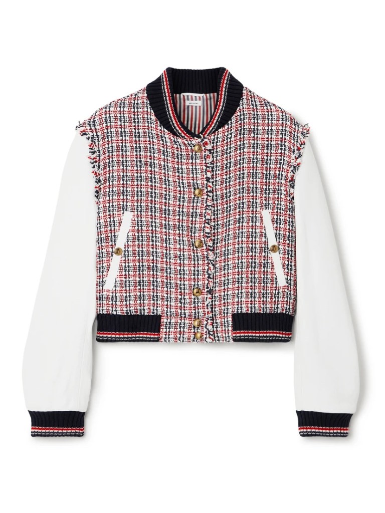 Sporty Academia flats by Thom Browne, a multicolored tweed and leather bomber jacket priced at $3,700