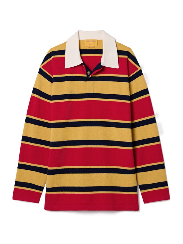 Red and yellow striped cashmere sweater in a sporty academia style worth $545, exclusive at Guest in Residence