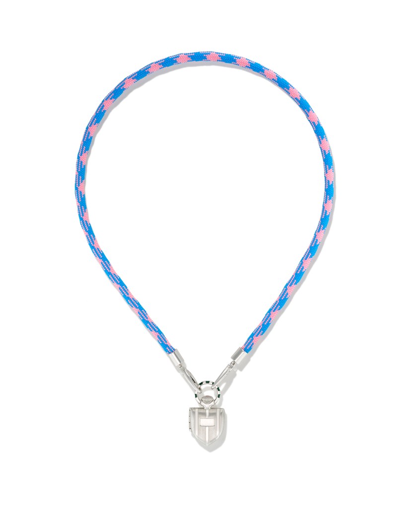 Blue and pink rope necklace from the Sporty Academia collection by Ben Shoppe, titled 'The Curiouser Vault - Sterling' priced at $495