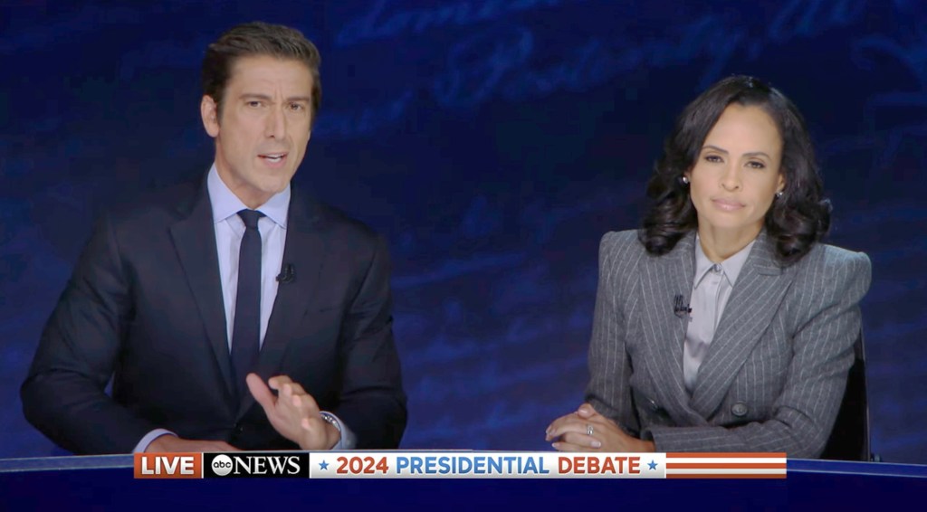 Presidential candidates Kamala Harris and Donald Trump participating in a debate moderated by David Muir and Lindsey Davis, hosted by ABC News on September 10, 2024