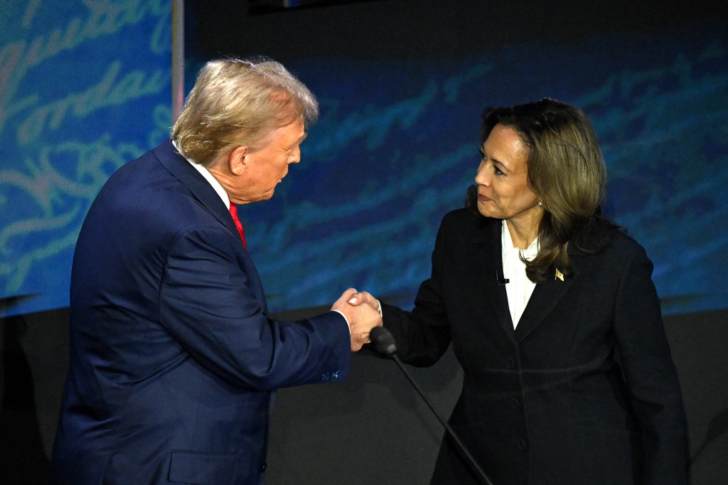 Kamala Harris, US Vice President and Democratic presidential candidate, shaking hands with former US President Donald Trump during a presidential debate