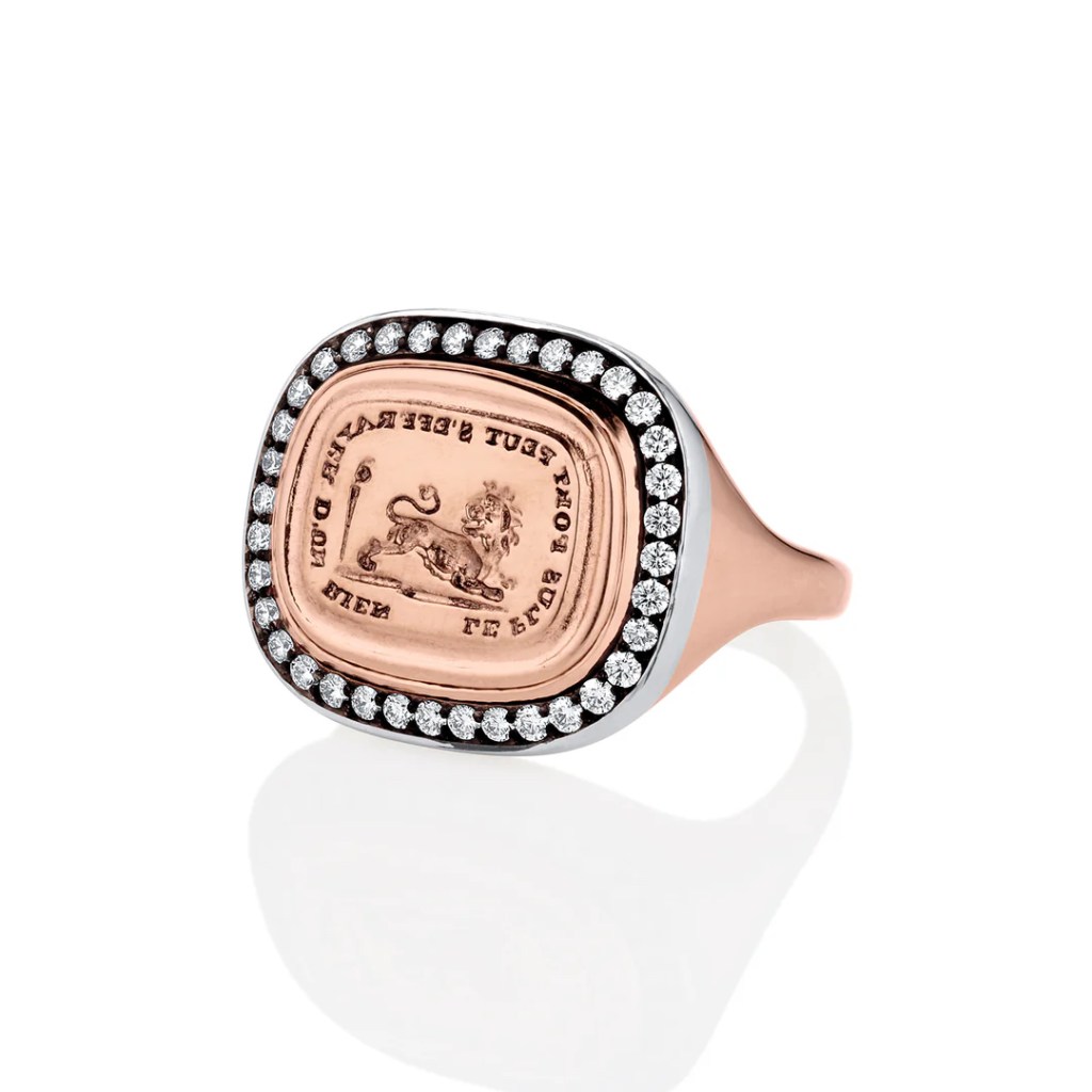 Rose gold and silver ring with diamonds from Sporty Academia collection, priced at $5,500.00