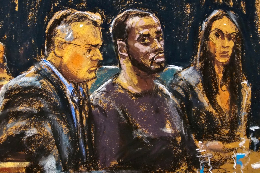 Sketch of Sean 'Diddy' Combs and his defense lawyers Marc Agnifilo and Teny Geragos in court during a bail hearing last week.