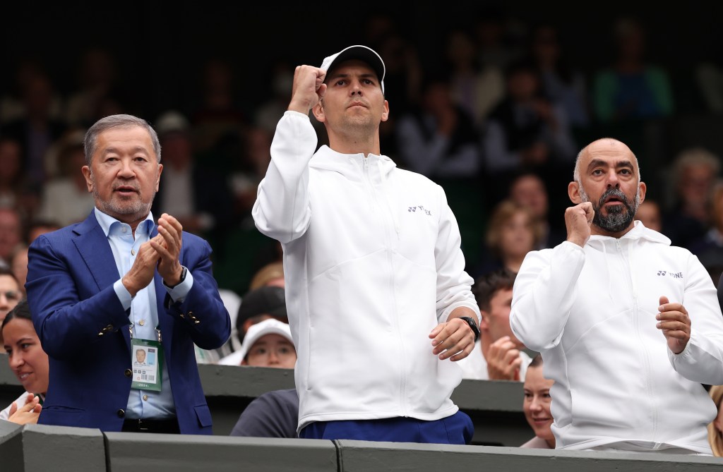 Stefano Vukov, Coach of Elena Rybakina, cheers her on during her match against Anna Kalinskaya in the Ladies' Singles fourth round match at Wimbledon at All England Lawn Tennis and Croquet Club on July 8, 2024 in London, England.  