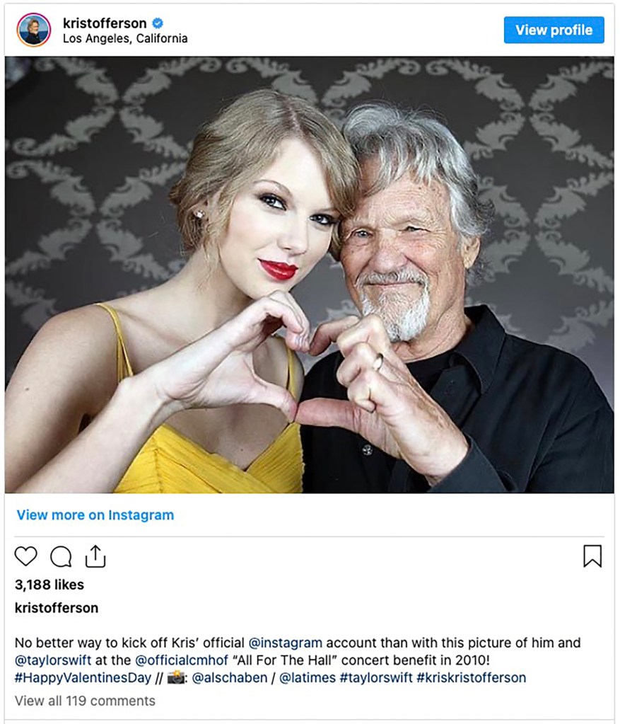 Kris Kristofferson's Instagram post about Taylor Swift