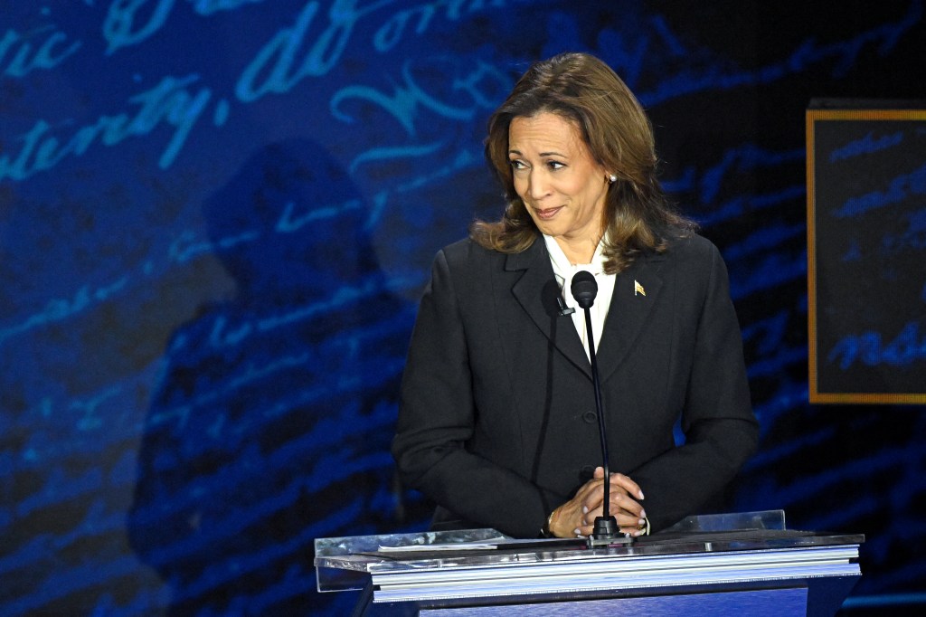 US Vice President Kamala Harris listening to former President Donald Trump speaking at a presidential debate, Philadelphia, 2024